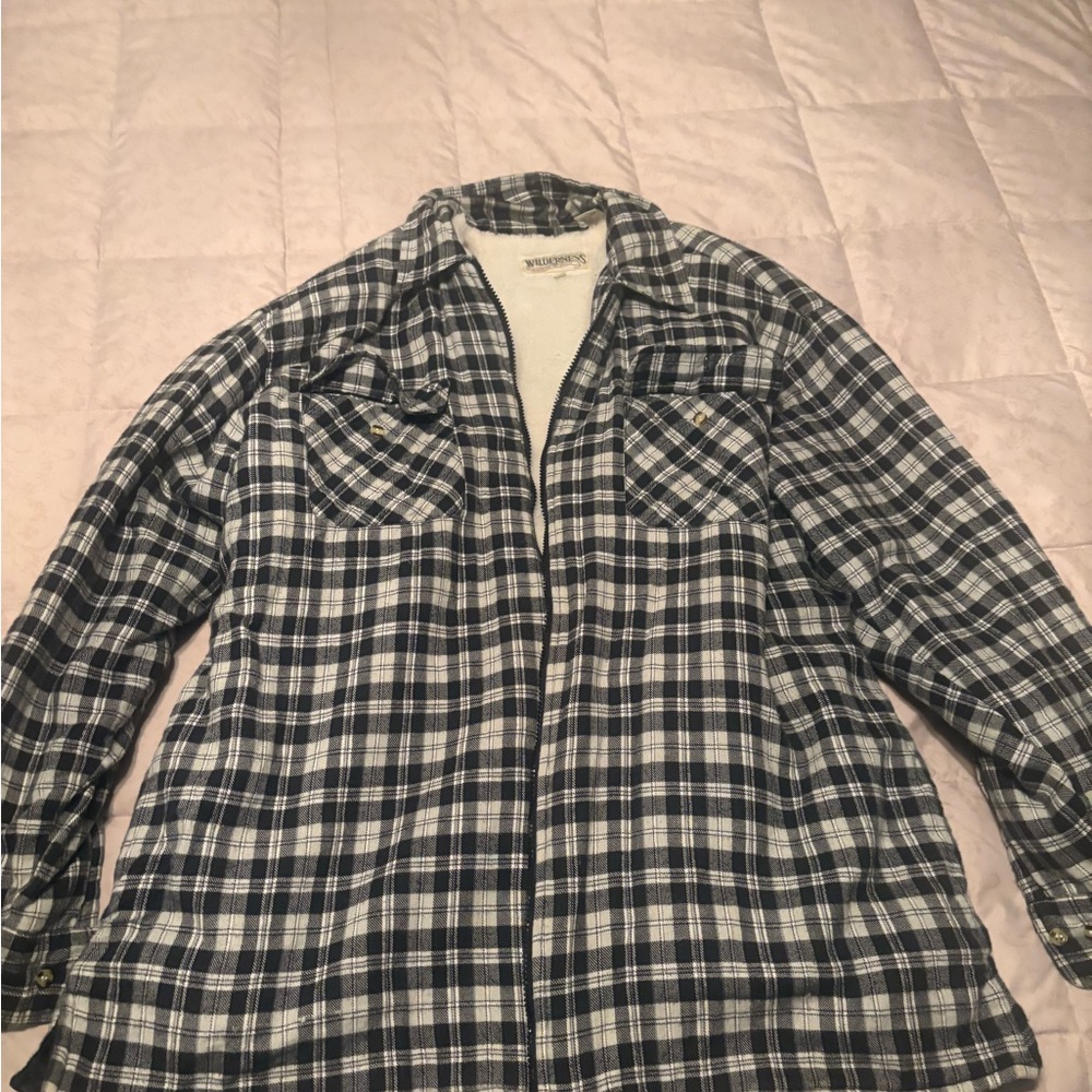 Sherpa-Lined Plaid Zip-Up Shirt Jacket - Black & White